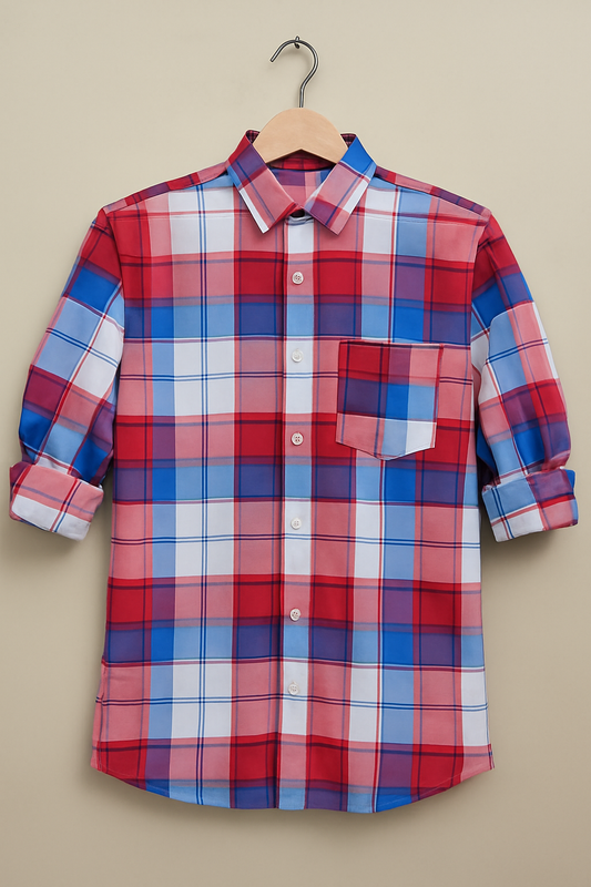 Red blue color checkered shirt for men